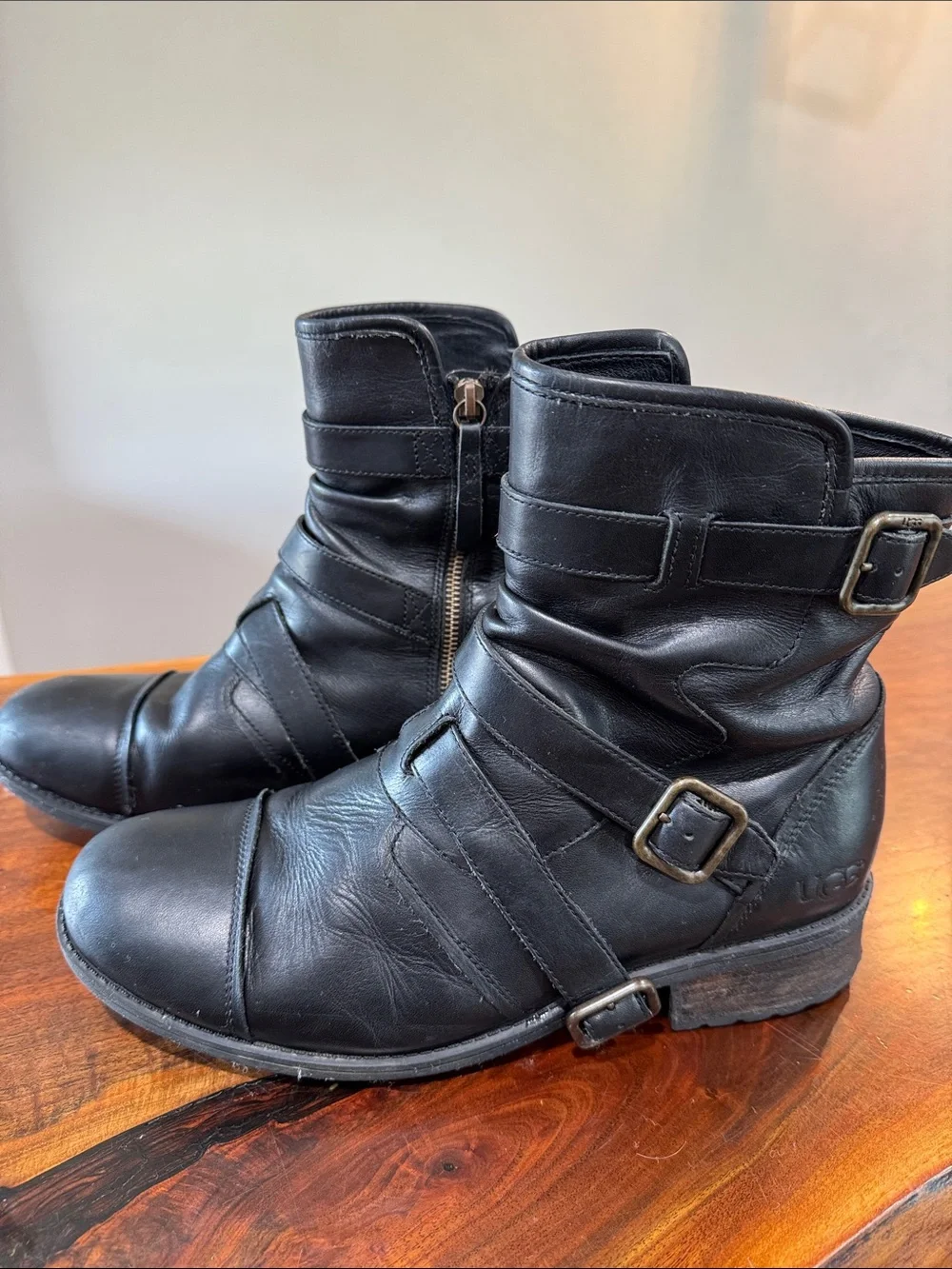 UGG Moto Black Leather Buckle Ankle Boots Size 12 - Picture 6 of 11
